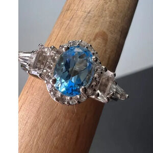 Blue and white topaz sterling silver halo ring size 9